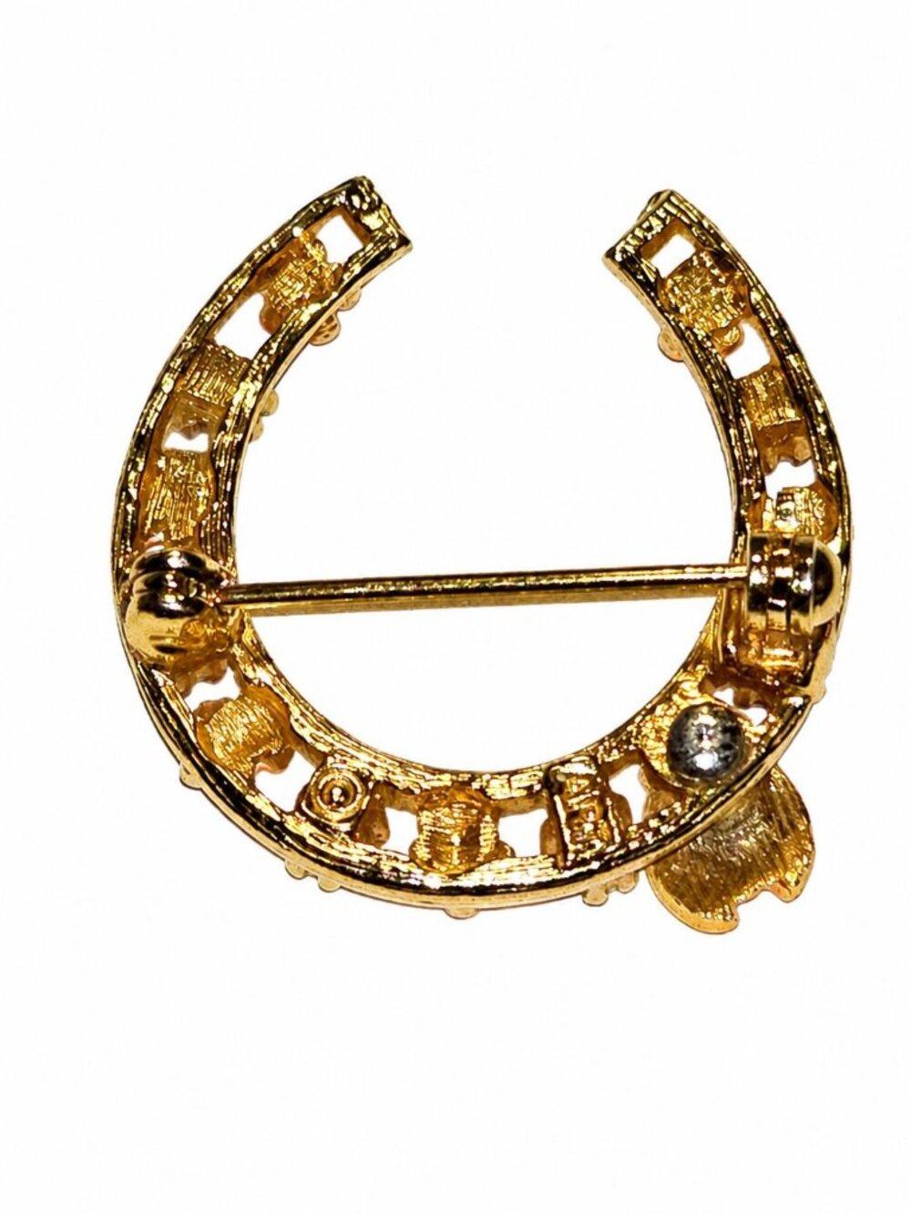 Vintage 1960s ART Ladybug Pearl Floral Horseshoe Golden Brooch - Picture 3 of 5
